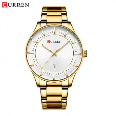 M:8347 Curren White Dial Golden Stainless Steel with Date Analog Quartz Men's Watch. TIMECHECK