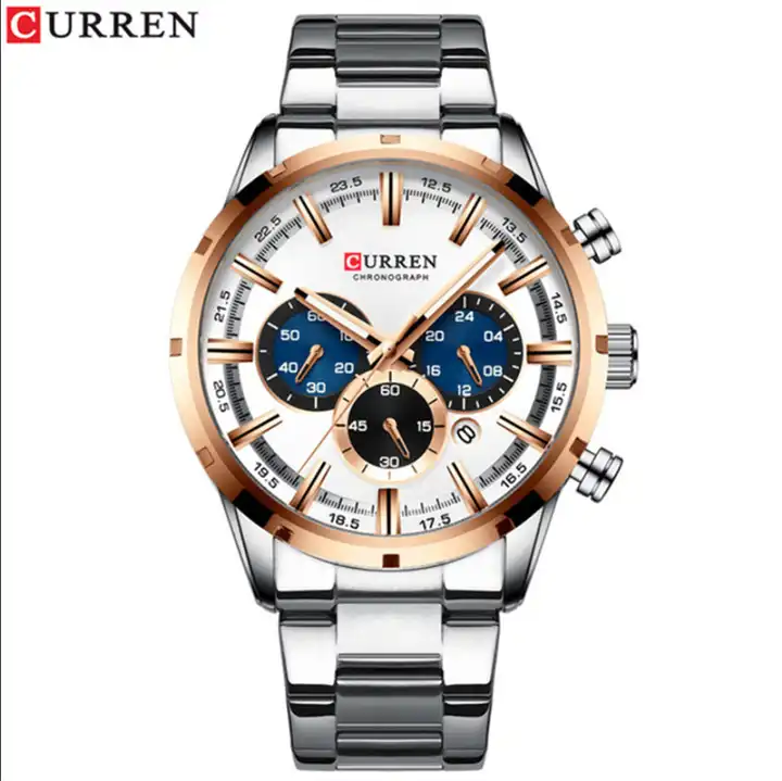 M:8355 Curren Silver Dial Silver Stainless Steel Chain Chronograph Quartz Men's Watch. TIMECHECK