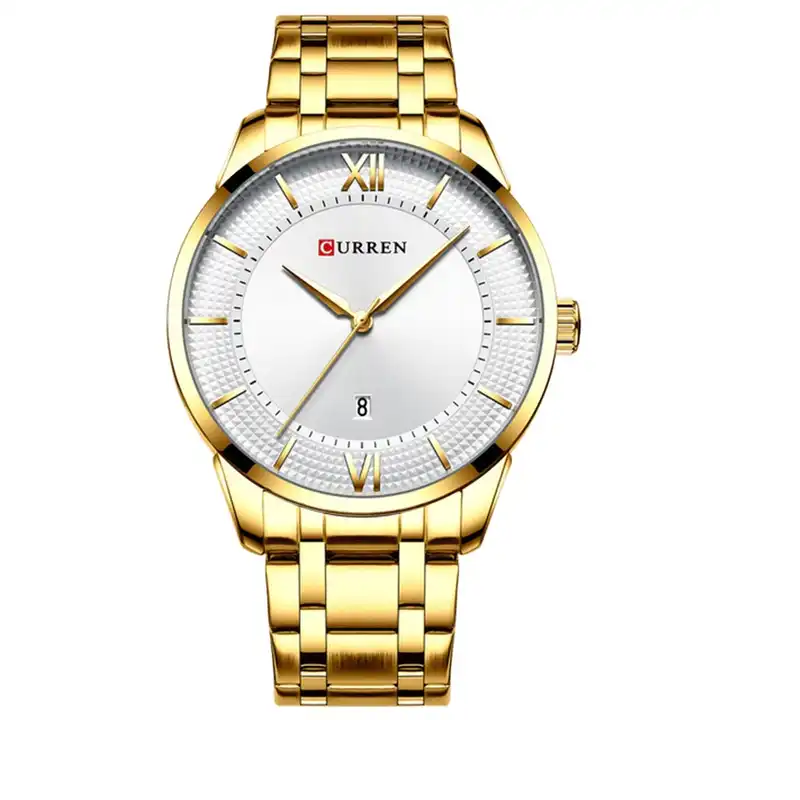 M:8356 Cureen White Dial Golden Stainless Steel Chain Analog Quartz Men's Watch. TIMECHECK