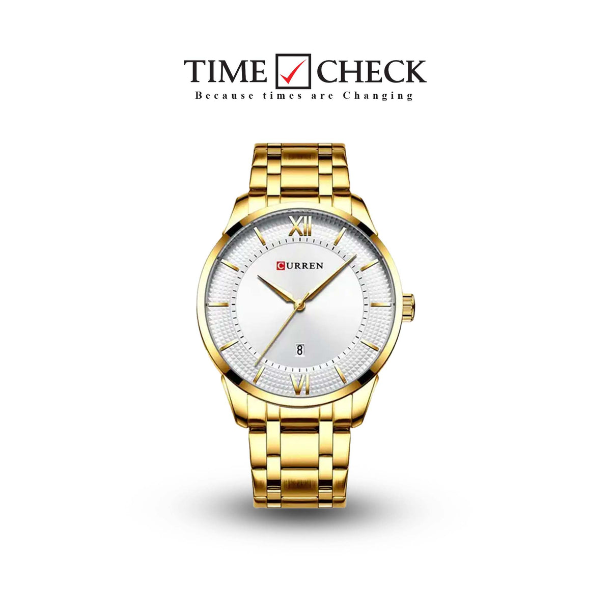 M:8356 Cureen White Dial Golden Stainless Steel Chain Analog Quartz Men's Watch. TIMECHECK