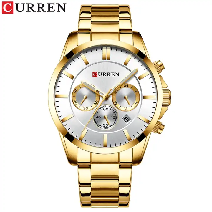 M:8358 Curren Silver Dial Golden Steel Chain Chronograph Analog Quartz Men's Watch. TIMECHECK