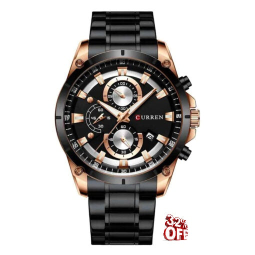 M:8360 Curren Black Dial Black Steel Chain Chronograph Analog Quartz Watch. TIMECHECK