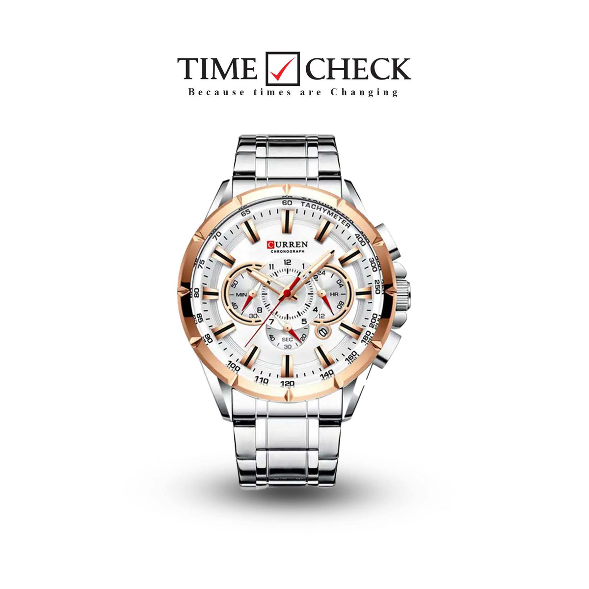 M:8363 Curren White Dial Silver Stainless Steel Chronograph Analog Quartz Men's Watch. TIMECHECK