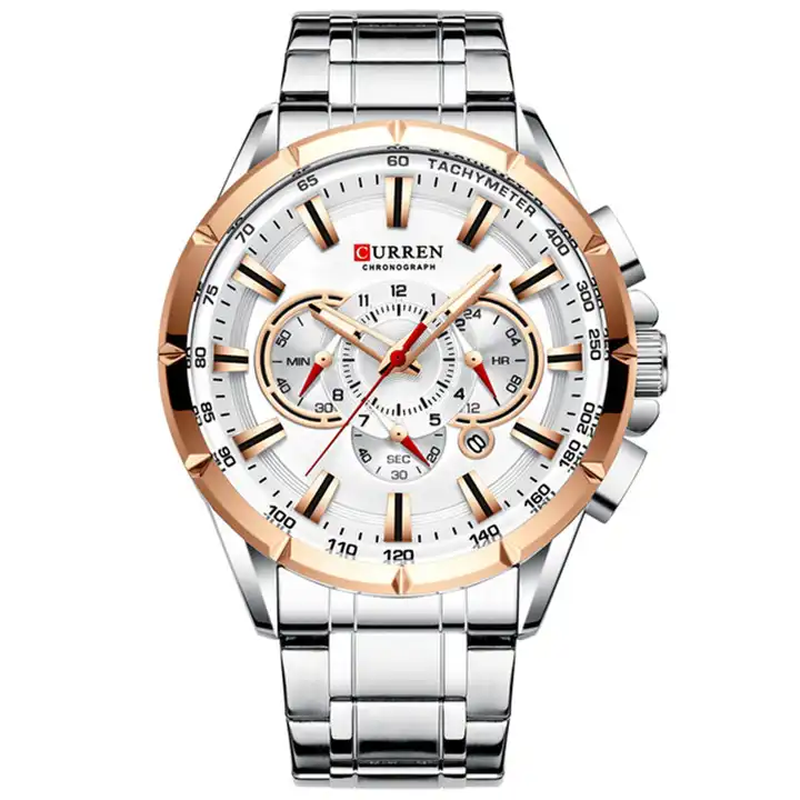 M:8363 Curren White Dial Silver Stainless Steel Chronograph Analog Quartz Men's Watch. TIMECHECK