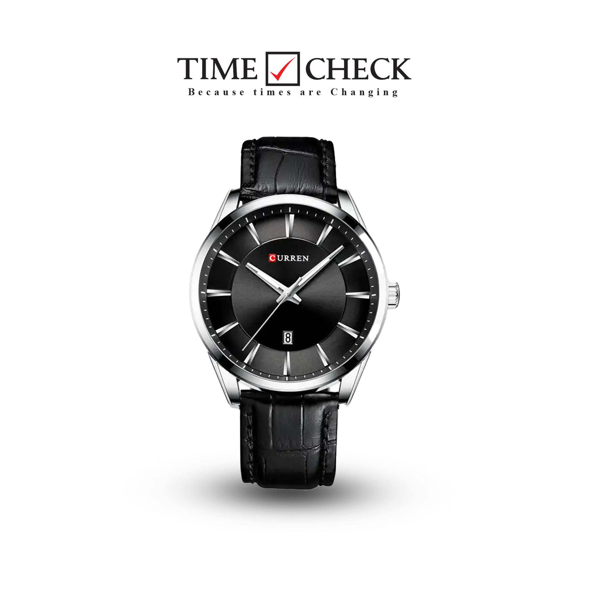 M:8365 Curren Black Dial Black Leather Strap Classic Analog Quartz Men's Watch. TIMECHECK