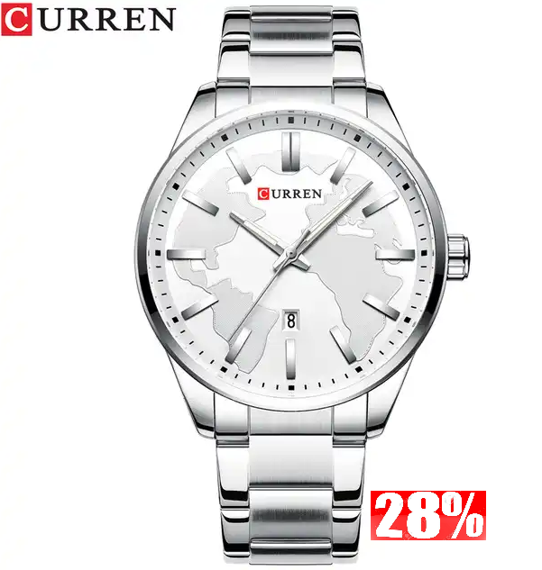 M:8366 Curren White Dial Silver Stainless Steel Chain Analog Quartz Men's Watch. TIMECHECK