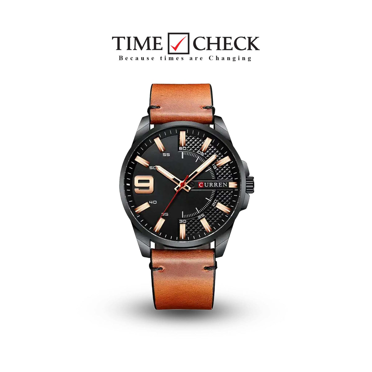 M:8371 Curren Black Dial Brown Leather Strap Analog Quartz Men's Watch. TIMECHECK