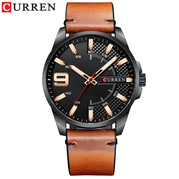 M:8371 Curren Black Dial Brown Leather Strap Analog Quartz Men's Watch. TIMECHECK