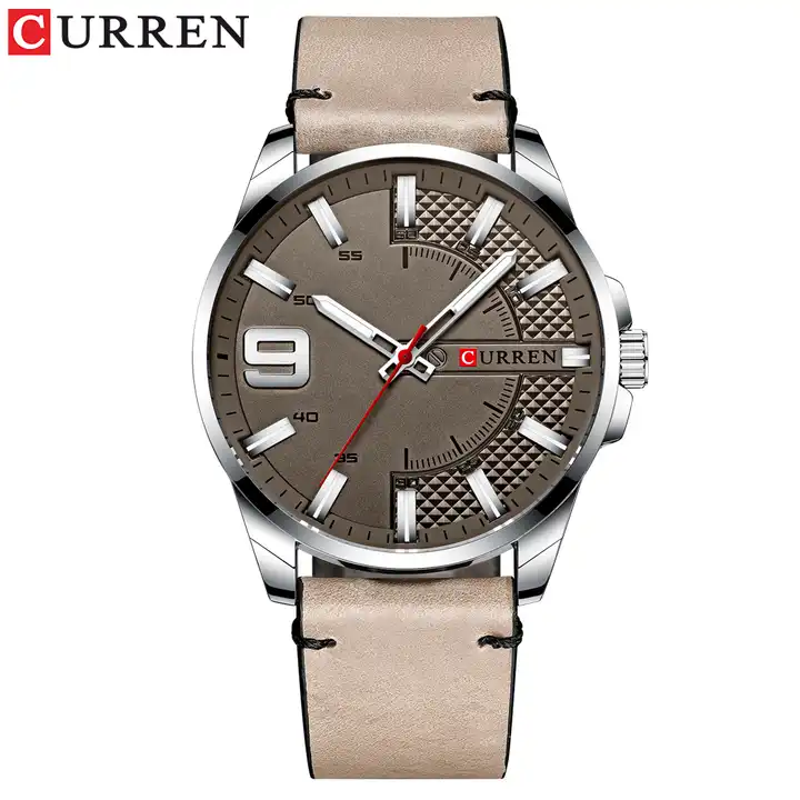 M:8371 Curren Gray Dial Gray Leather Strap Analog Quartz Men's Watch. TIMECHECK