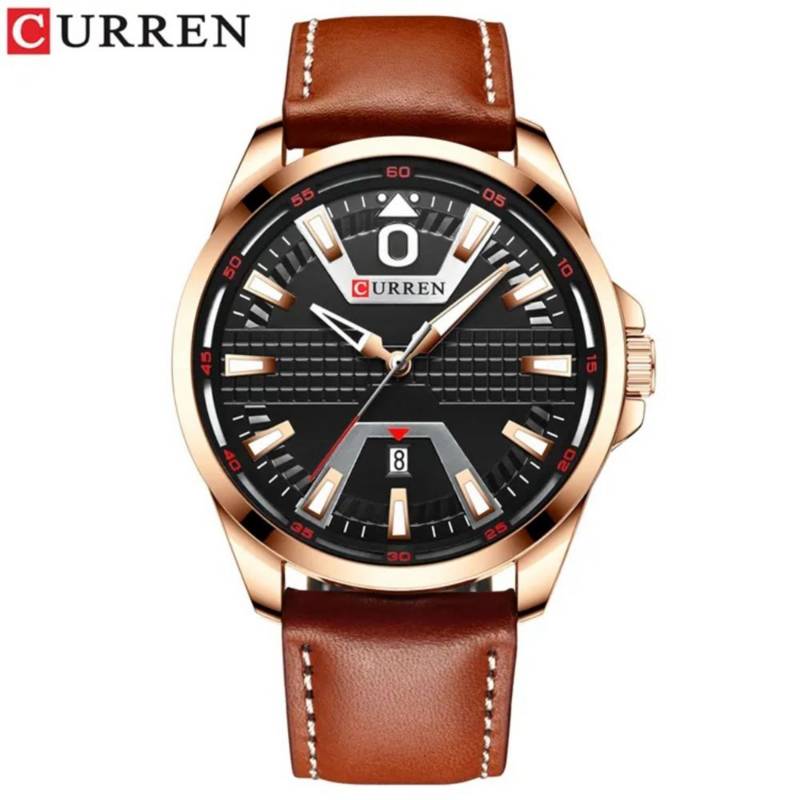 M:8379 Curren Black Dial Material Alloy Brown Leather Strap Analog Quartz Men's Watch. TIMECHECK