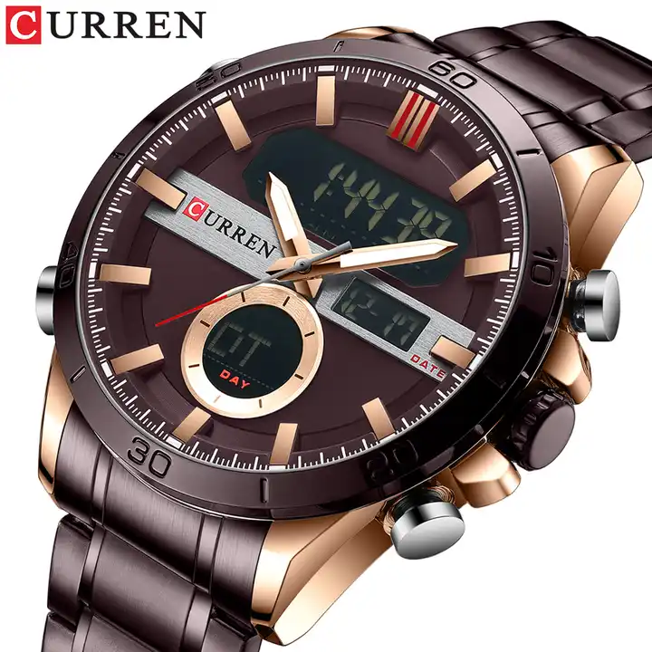 M:8384 Curren brown Dial Brown Stainless Steel Quartz Analog Digital Men's Watch. TIMECHECK