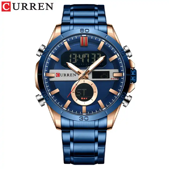 M:8384 Curren Blue Dial Blue Stainless Steel Quartz Analog Digital Men's Watch. TIMECHECK