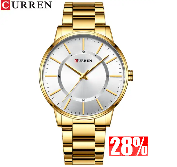 M:8385 Curren Silver Dial Golden Stainless Steel Chain Analog Quartz Men's Watch. TIMECHECK