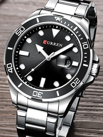 M:8388 Curren Black Dial Silver Stainless Steel Chain Analog Quartz Men's Watch. TIMECHECK