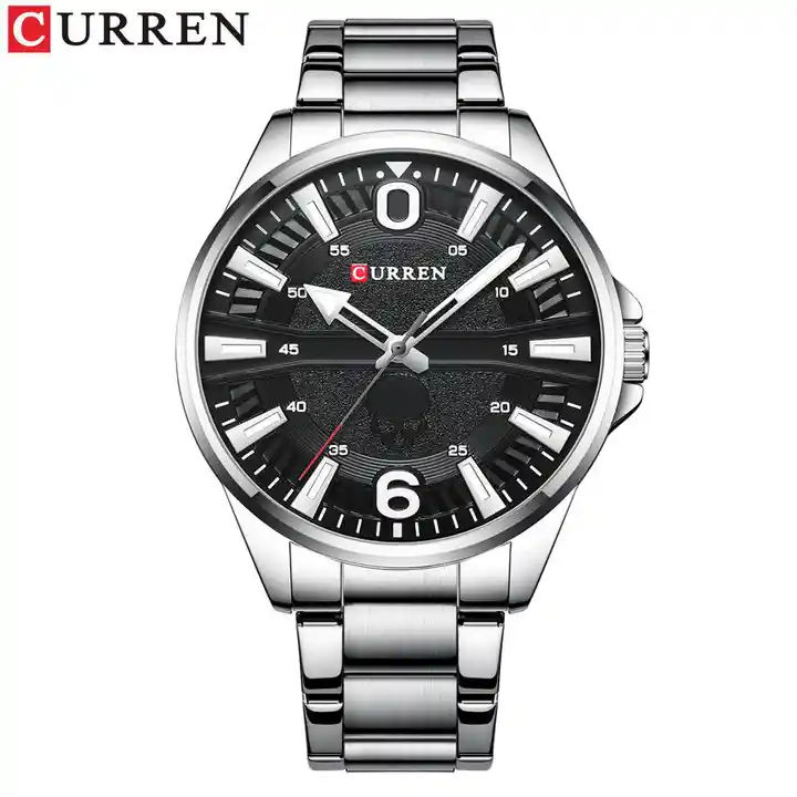 M:8434 Curren Black Dial Silver Stainless Steel Analog Quartz Men's Watch. TIMECHECK