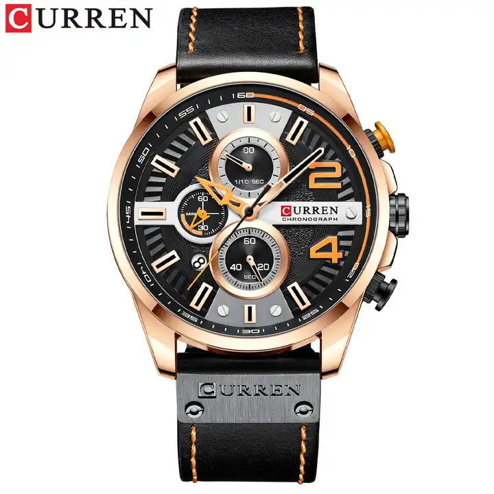 M:8393 Curren Black Dial Black Leather Strap Chronograph Analog Quartz Men's Watch. TIMECHECK