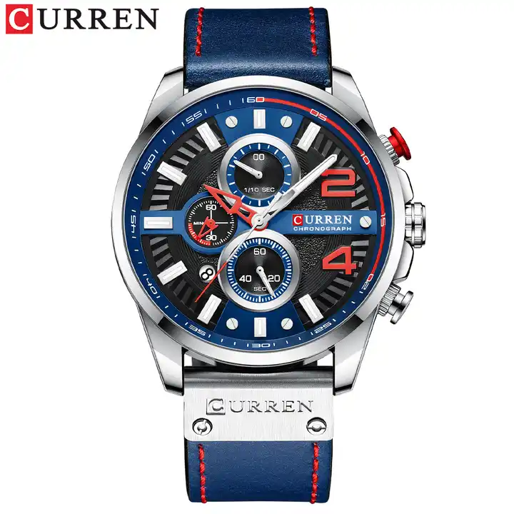 M:8393 Curren Blue Dial Blue Leather Strap Chronograph Analog Quartz Men's Watch. TIMECHECK