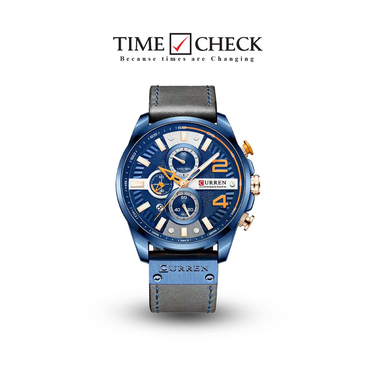 M:8393 Curren Blue Dial Gray Leather Strap Chronograph Analog Quartz Men's Watch. TIMECHECK