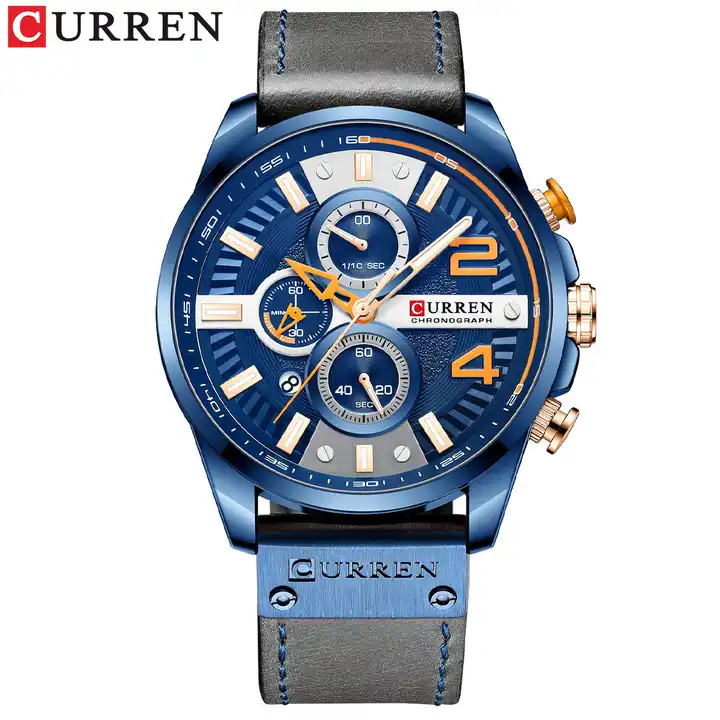 M:8393 Curren Blue Dial Gray Leather Strap Chronograph Analog Quartz Men's Watch. TIMECHECK