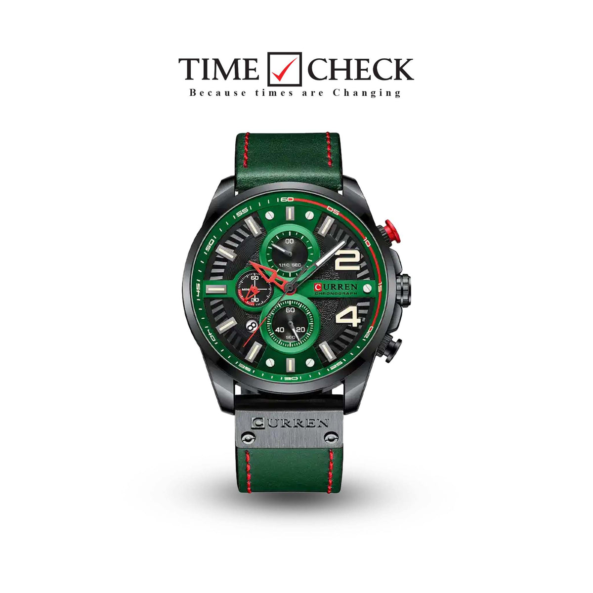 M:8393 Curren Green Dial Green Leather Strap Chronograph Analog Quartz Men's Watch. TIMECHECK