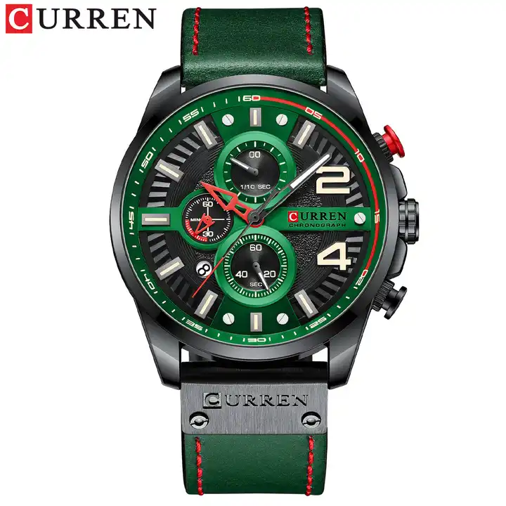 M:8393 Curren Green Dial Green Leather Strap Chronograph Analog Quartz Men's Watch.