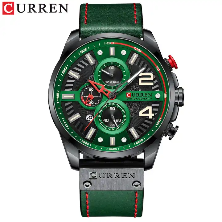 M:8393 Curren Green Dial Green Leather Strap Chronograph Analog Quartz Men's Watch. TIMECHECK