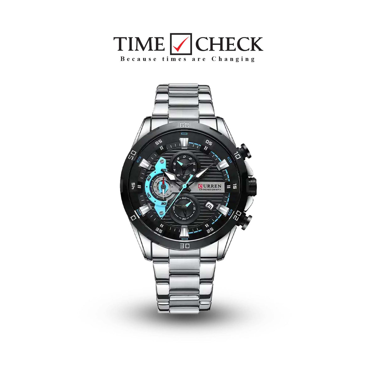 M:8402 Curren Black Dial Silver Stainless Steel Chronograph Analog Quartz Men's Watch. TIMECHECK