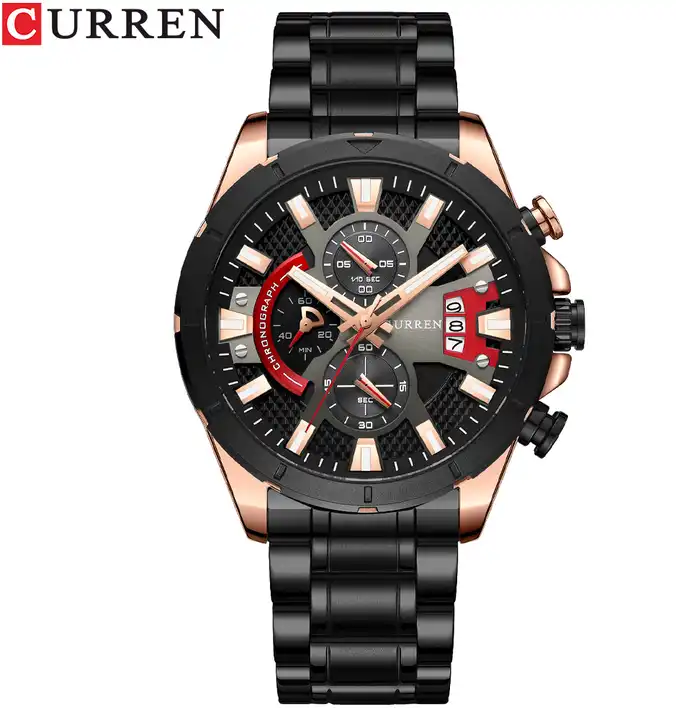 M:8401 Curren Classic Multi Dial Black Stainless Steel Chain Chronograph Men's Watch. TIMECHECK