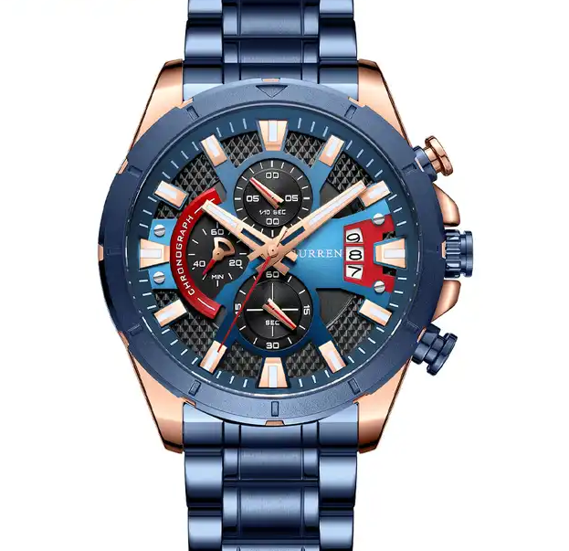 M:8401 Curren Classic Blue Dial Blue Stainless Steel Chain Chronograph Men's Watch. TIMECHECK