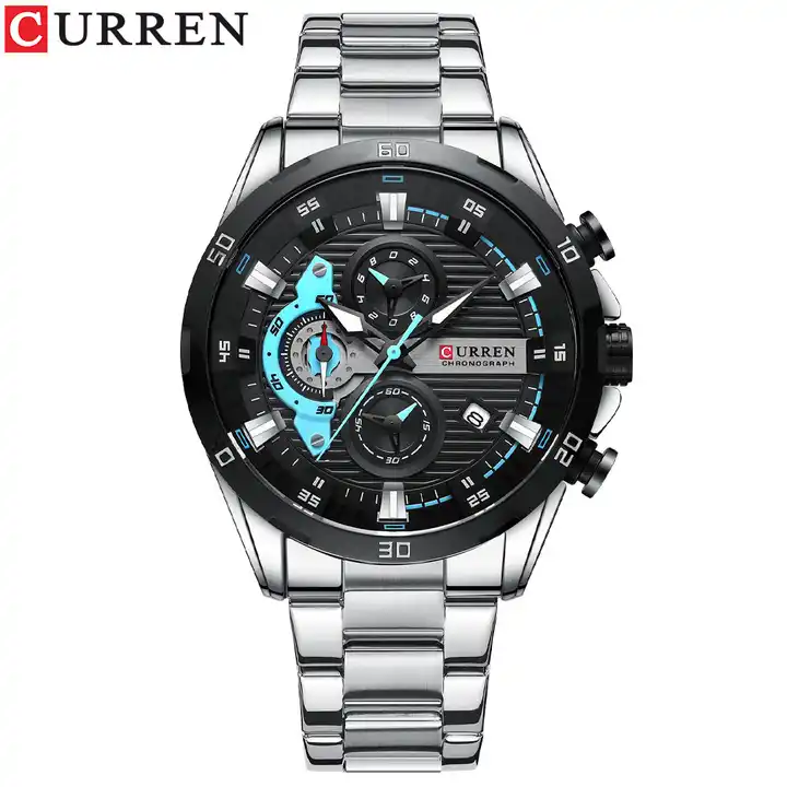 M:8402 Curren Black Dial Silver Stainless Steel Chronograph Analog Quartz Men's Watch. TIMECHECK