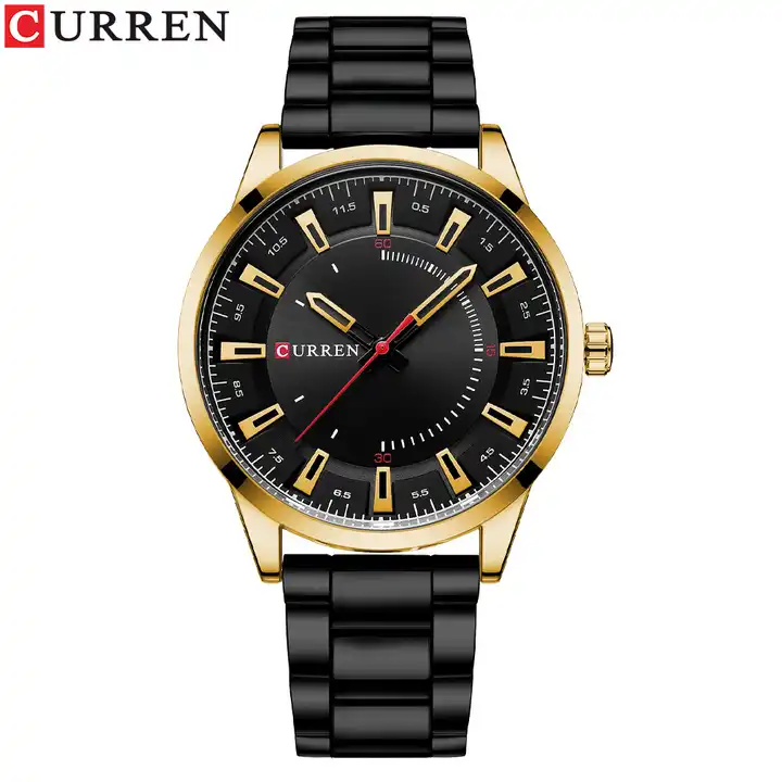 M:8406 Curren Rose Gold Case Black Dial Black Stainless Steel Chain Quartz Men's Watch.