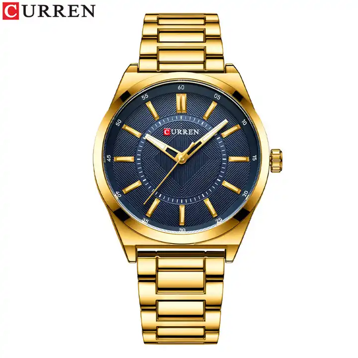 M:8407 Curren Blue Dial Golden Stainless Steel Chain Quartz Analog Men's Watch. TIMECHECK