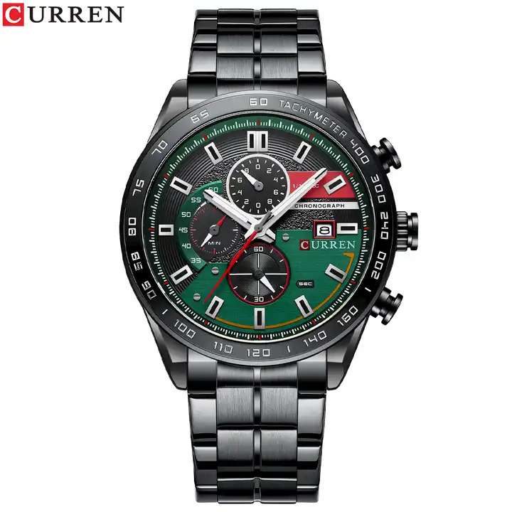 M:8410 Curren Black Steel Chain Fashion Quartz Clock Analog Chronograph Men's Watch. TIMECHECK