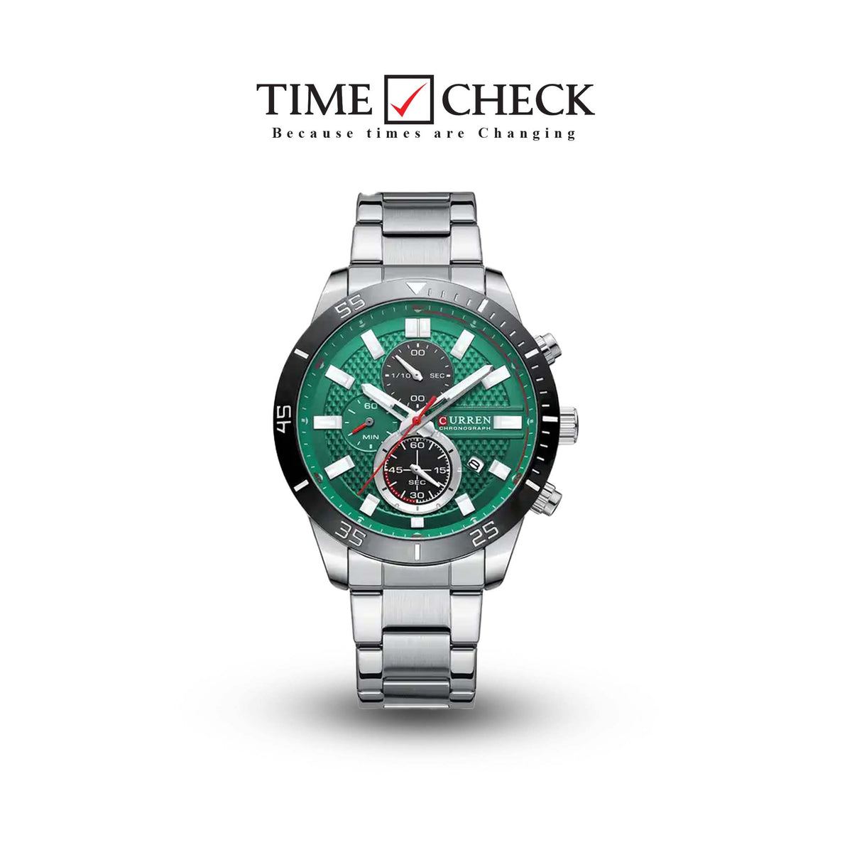 M:8417 Curren Green Dial Silver Stainless Steel Chain Chronograph Men's Watch. TIMECHECK