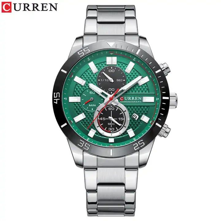 M:8417 Curren Green Dial Silver Stainless Steel Chain Chronograph Men's Watch.