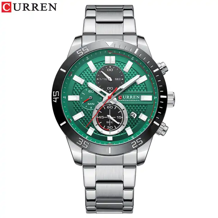 M:8417 Curren Green Dial Silver Stainless Steel Chain Chronograph Men's Watch. TIMECHECK