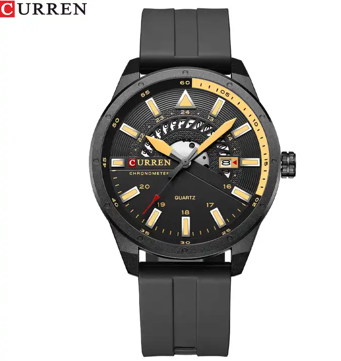 M:8421 Curren Black Dial & Case Black Silicone Strap Analog Quartz Men's Watch. TIMECHECK