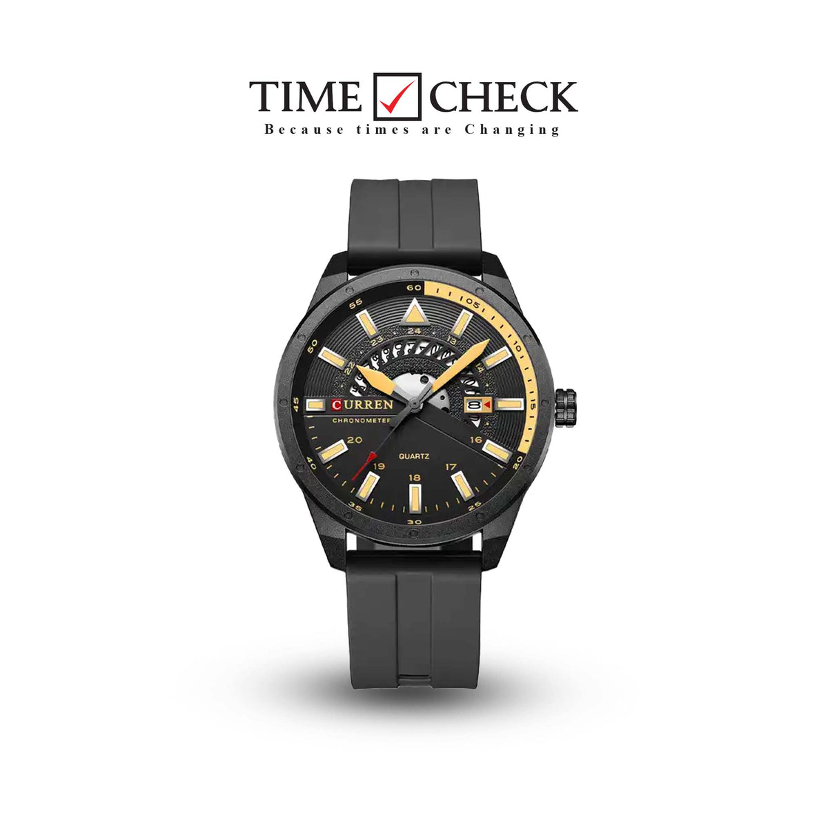 M:8421 Curren Black Dial & Case Black Silicone Strap Analog Quartz Men's Watch. TIMECHECK