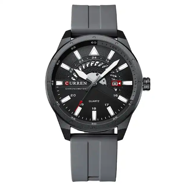 M:8421 Curren Black Dial & Case Gray Silicone Strap Analog Quartz Men's Watch.