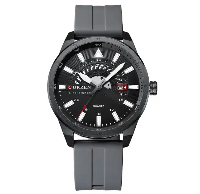 M:8421 Curren Black Dial & Case Gray Silicone Strap Analog Quartz Men's Watch. TIMECHECK