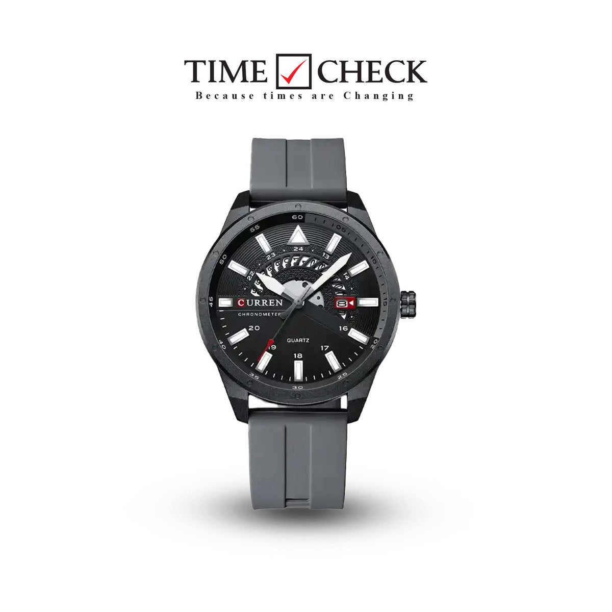 M:8421 Curren Black Dial & Case Gray Silicone Strap Analog Quartz Men's Watch. TIMECHECK