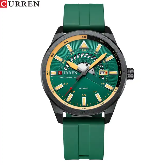 M:8421 Curren Green Dial & Case Green Silicone Strap Analog Quartz Men's Watch. TIMECHECK