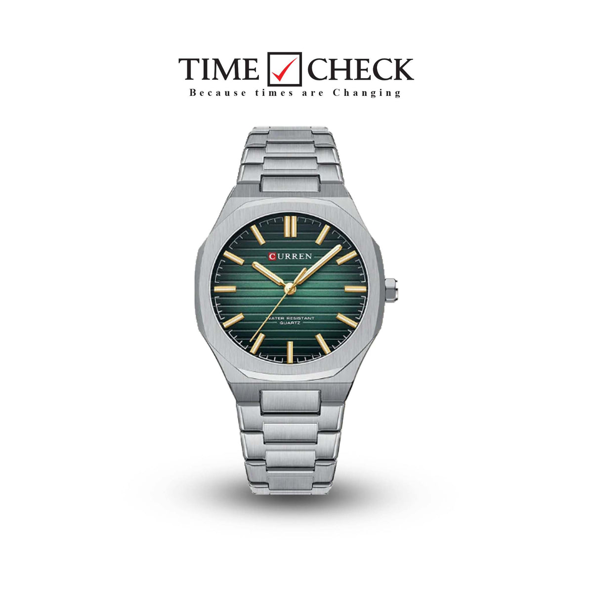 M:8456 Curren Green Dial Silver Stainless Steel Chain Analog Quartz Men's Watch. TIMECHECK