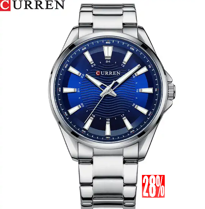 M:8424 Curren Blue Dial Silver Stainless Steel Chain Analog Quartz Men's Watch. TIMECHECK