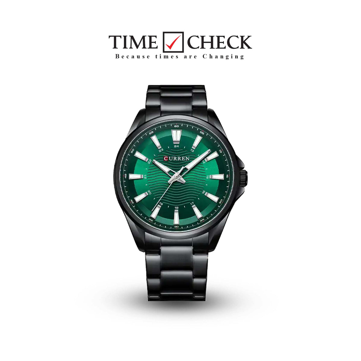 M:8424 Curren Green Dial Black Stainless Steel Chain Analog Quartz Men's Watch. TIMECHECK