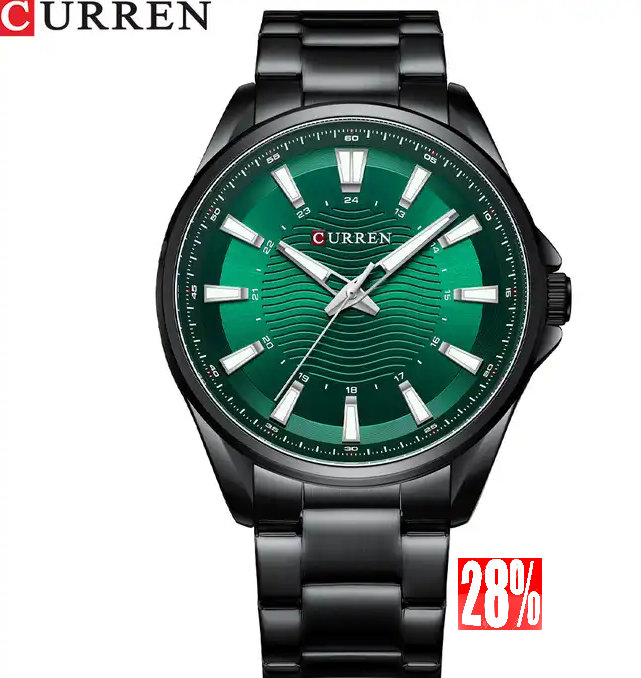 M:8424 Curren Green Dial Black Stainless Steel Chain Analog Quartz Men's Watch. TIMECHECK