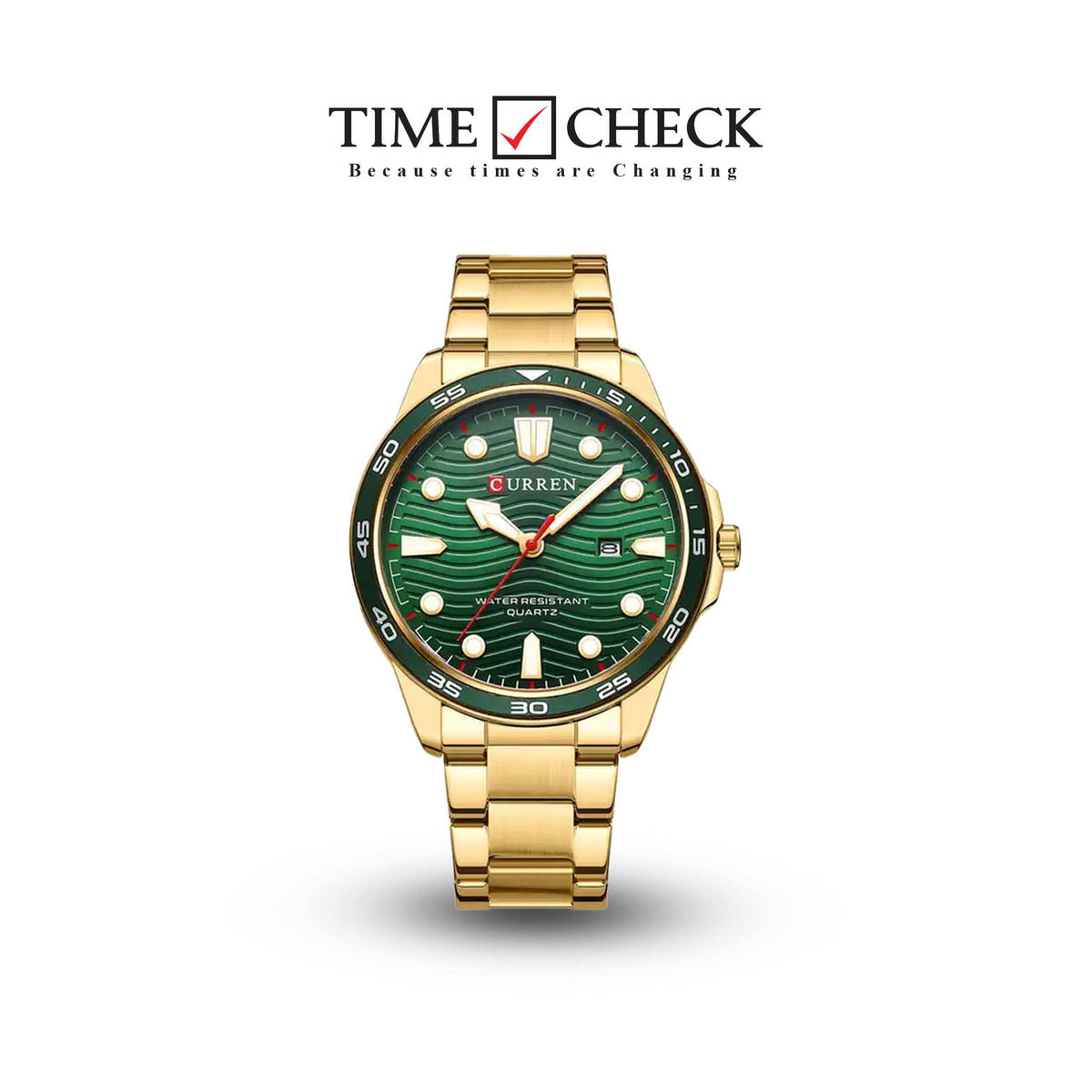 M:8426 Curren Green Dial Golden Stainless Steel Chain Analog Quartz Men's Watch. TIMECHECK