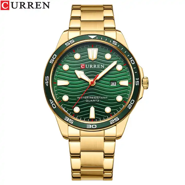 M:8426 Curren Green Dial Golden Stainless Steel Chain Analog Quartz Men's Watch. TIMECHECK