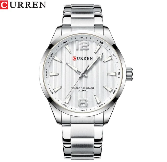 M:8434 Curren White Dial Silver Stainless Steel Analog Quartz Men's Watch. TIMECHECK