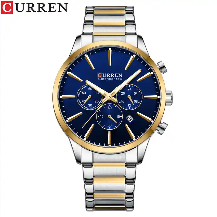 M:8435 Curren Blue Dial Silver & Golde Stainless Steel Chain Chronograph Men's Watch. TIMECHECK